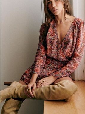 Sezane Rose-Mauve Floral Wrap Mini Dress